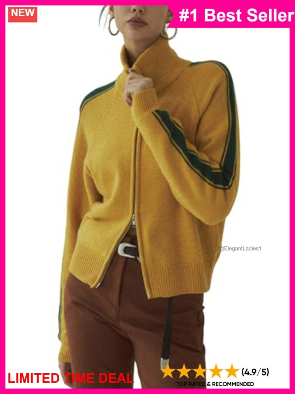 Womens Zip Up Knit Cardigan Sweater Jacket Stand Collar Oversized Acrylic Blend